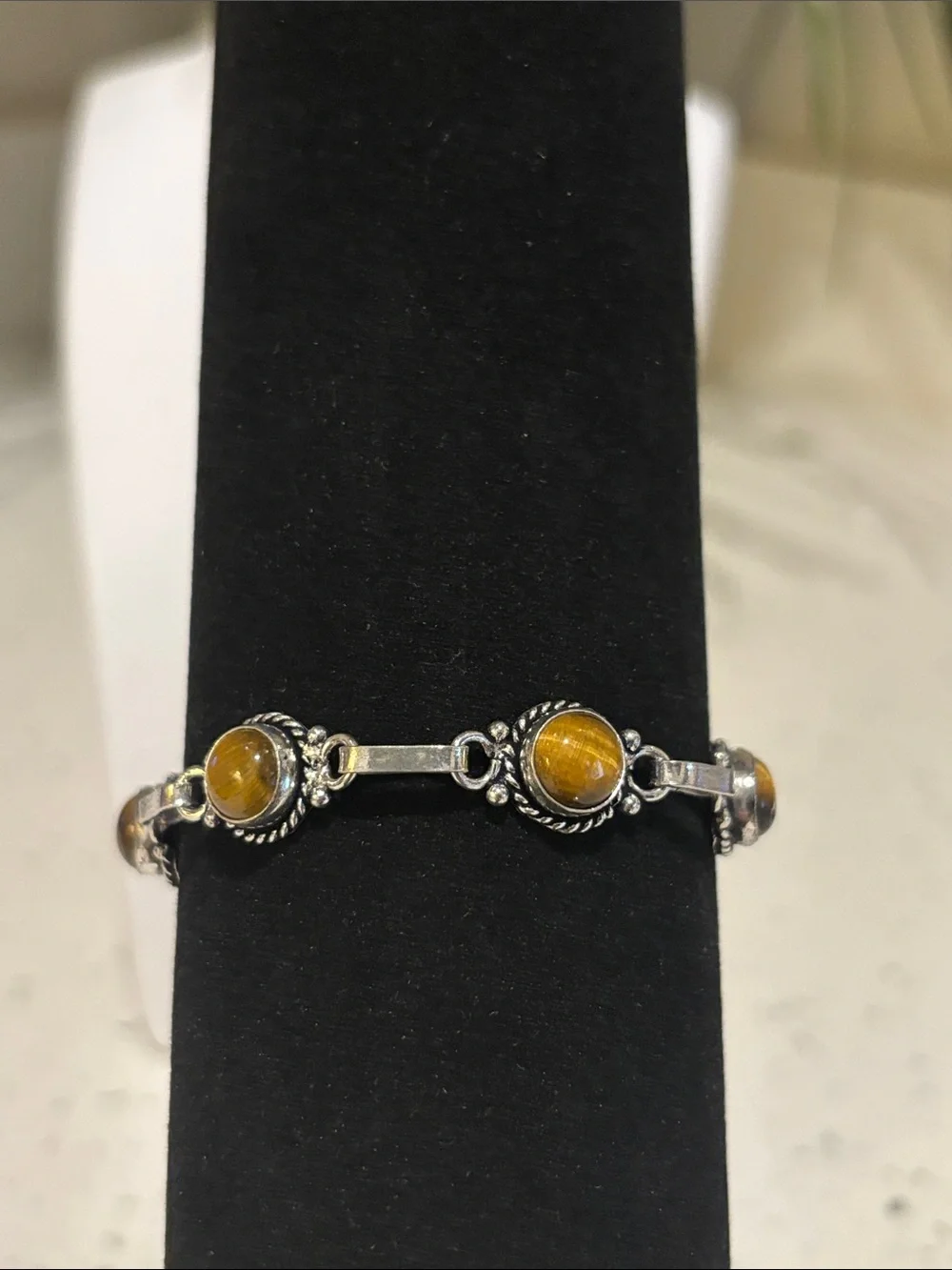 Sterling Silver Tiger's Eye Link Bracelet - Brown Gemstone